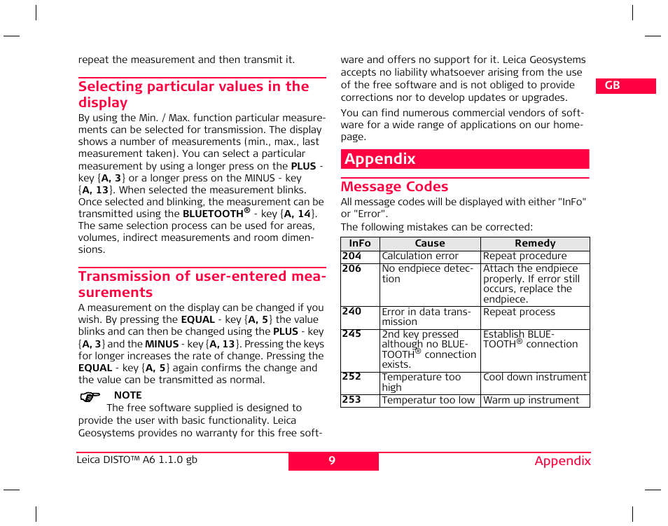 Appendix, Selecting particular values in the display, Transmission of user-entered mea- surements | Message codes | Leica Geosystems Leica DISTO A6 - User Manual User Manual | Page 12 / 16
