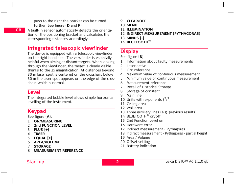 Integrated telescopic viewfinder, Level, Keypad | Display | Leica Geosystems Leica DISTO A6 - User Manual User Manual | Page 5 / 16