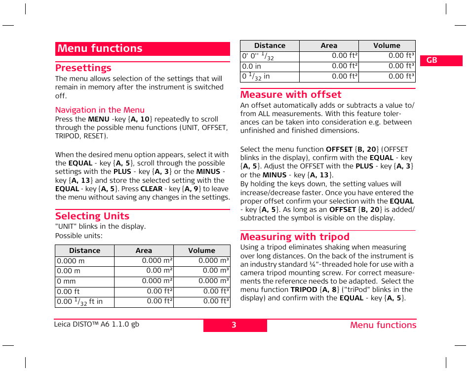 Menu functions, Presettings, Selecting units | Measure with offset, Measuring with tripod | Leica Geosystems Leica DISTO A6 - User Manual User Manual | Page 6 / 16