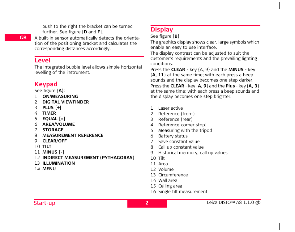 Level, Keypad, Display | Leica Geosystems Leica DISTO A8 User Manual | Page 5 / 16