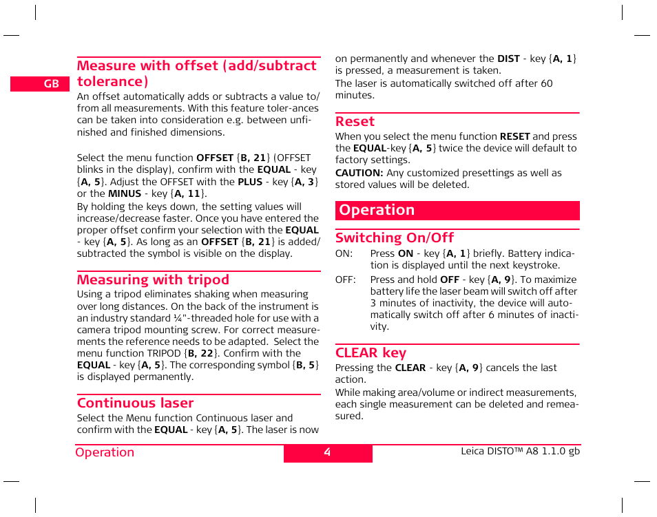 Operation | Leica Geosystems Leica DISTO A8 User Manual | Page 7 / 16