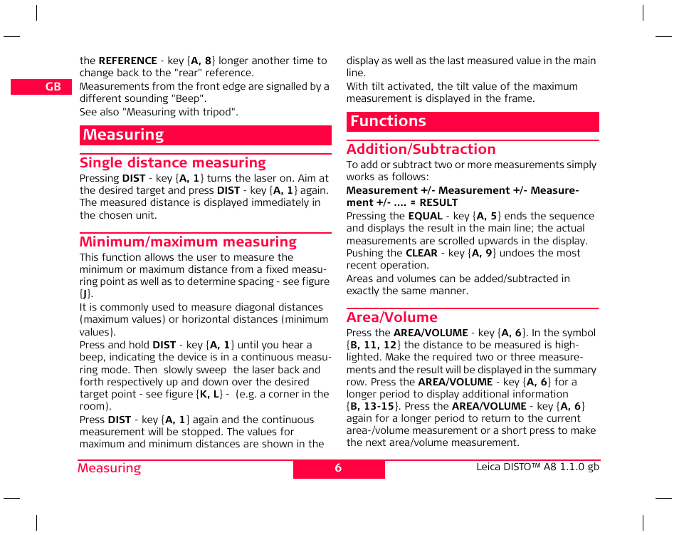 Measuring, Functions | Leica Geosystems Leica DISTO A8 User Manual | Page 9 / 16