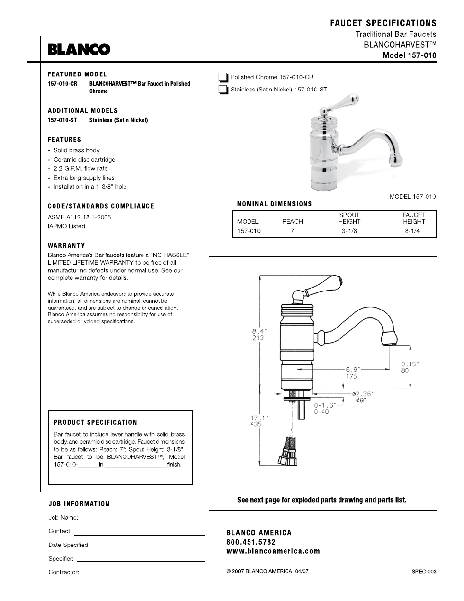Blanco 157-010 User Manual | 2 pages