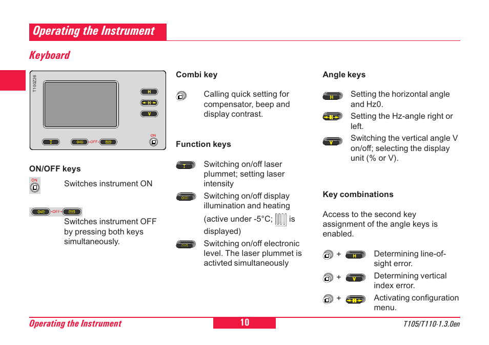 Operating the instrument, Keyboard, Angle keys | Combi key, Display heating, Display illumination, Electronic level, Function key, Key assignment, Key combinations | Leica Geosystems T100 User Manual | Page 10 / 64