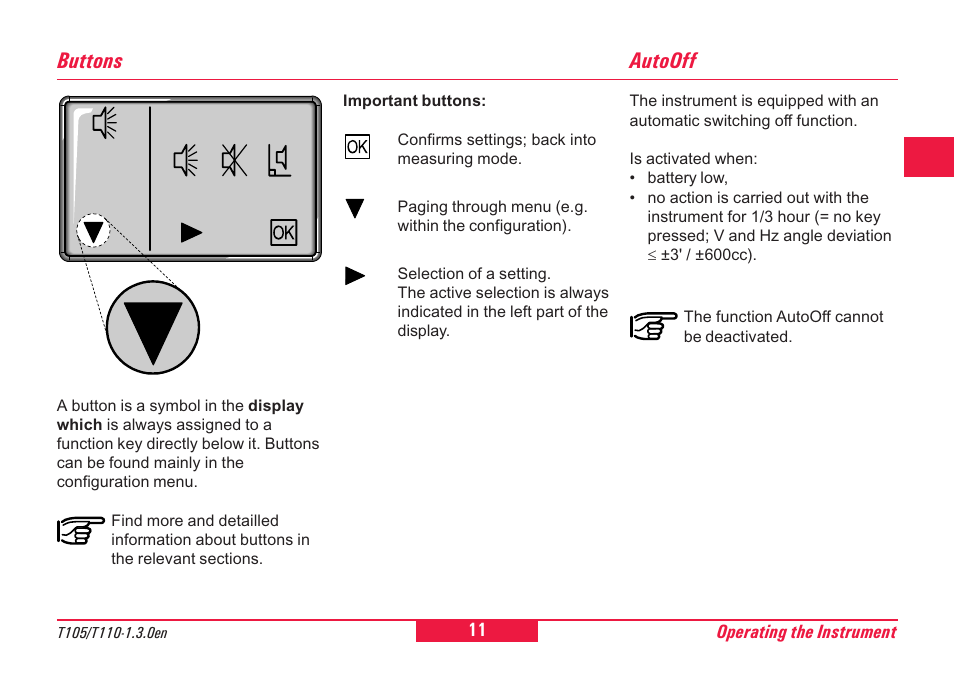 Buttons, Autooff, Button | Leica Geosystems T100 User Manual | Page 11 / 64
