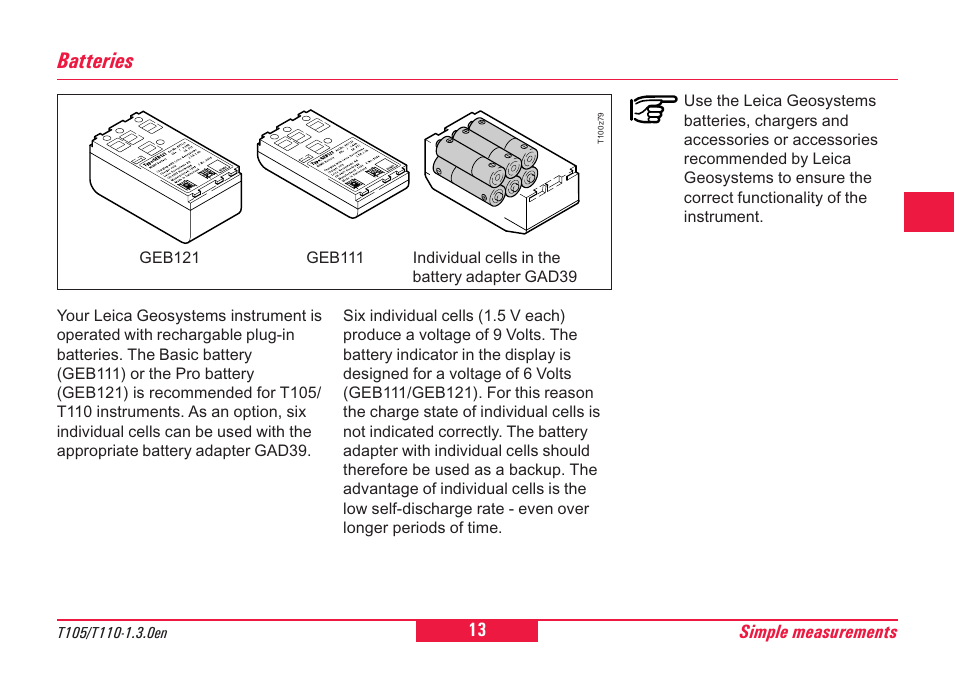 Batteries, Battery adapter gad39, Geb111 | Geb121 | Leica Geosystems T100 User Manual | Page 13 / 64