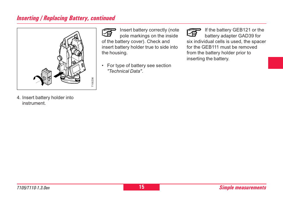 Inserting / replacing battery, continued | Leica Geosystems T100 User Manual | Page 15 / 64