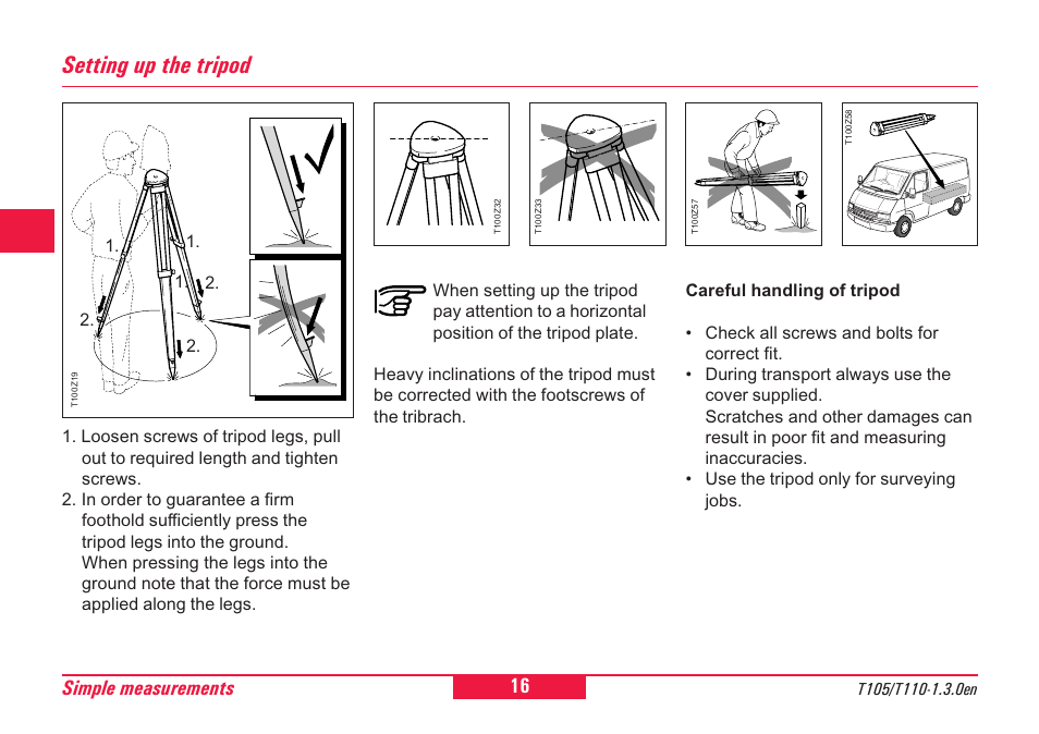 Setting up the tripod, 16 simple measurements | Leica Geosystems T100 User Manual | Page 16 / 64