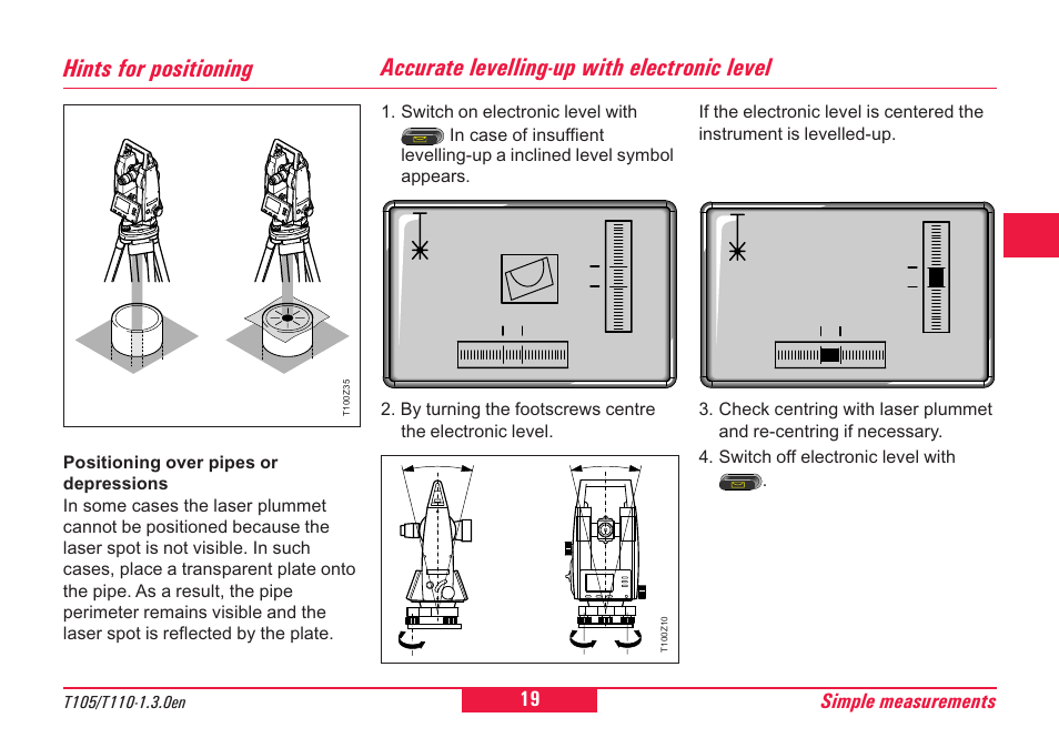 Hints for positioning, Accurate levelling-up with electronic level, Level | Positioning | Leica Geosystems T100 User Manual | Page 19 / 64