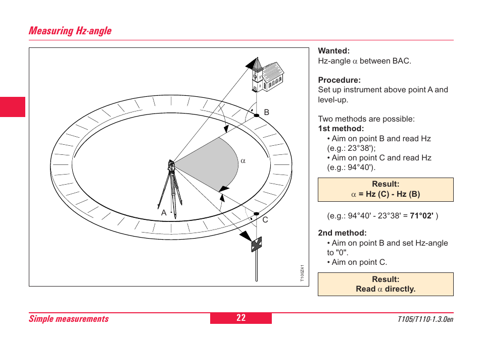 Measuring hz-angle | Leica Geosystems T100 User Manual | Page 22 / 64