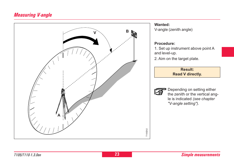 Measuring v-angle | Leica Geosystems T100 User Manual | Page 23 / 64