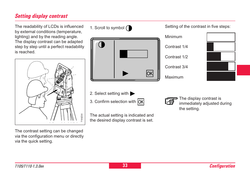 Setting display contrast, Contrast setting, Display contrast | Leica Geosystems T100 User Manual | Page 33 / 64