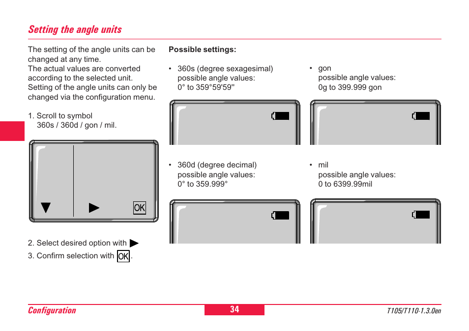 Setting the angle units | Leica Geosystems T100 User Manual | Page 34 / 64