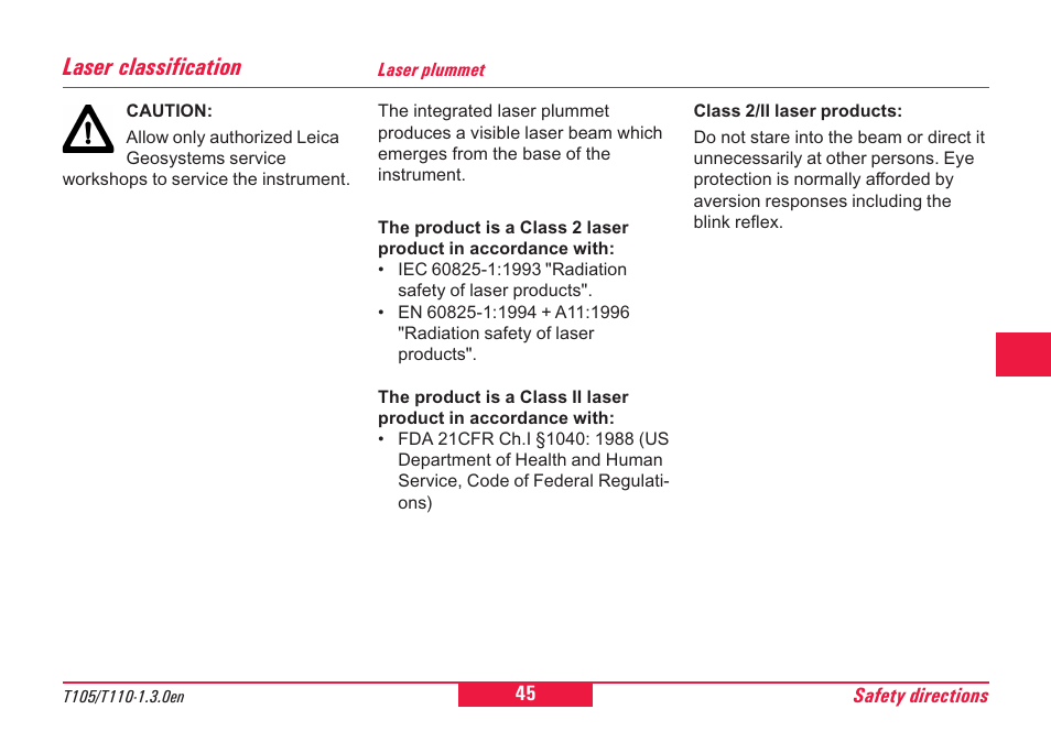 Laser classification, Laser plummet | Leica Geosystems T100 User Manual | Page 45 / 64