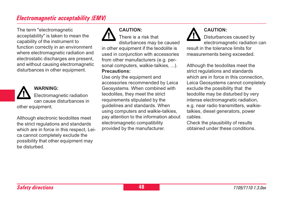 Electromagnetic acceptability (emv) | Leica Geosystems T100 User Manual | Page 48 / 64