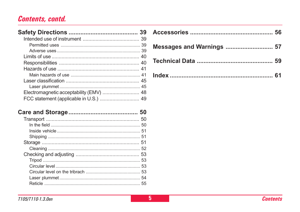 Contents, contd | Leica Geosystems T100 User Manual | Page 5 / 64