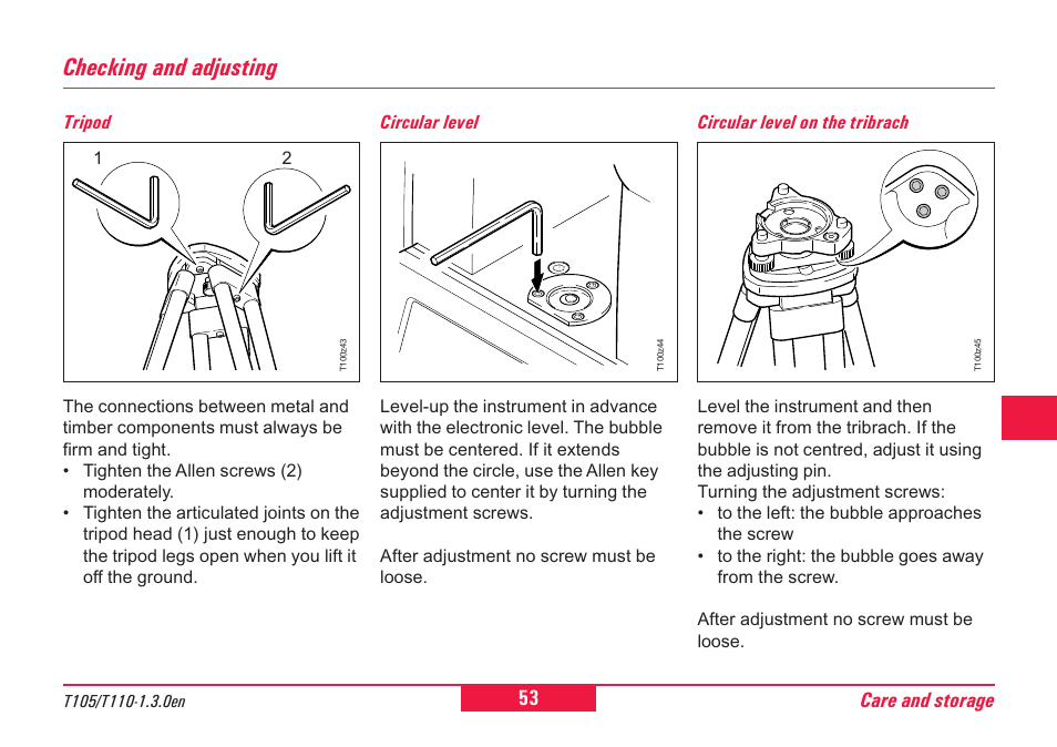 Checking and adjusting, Tripod, Circular level | Circular level on the tribrach, Adjusting, Bubble, Checking, Tribrach, Tripod legs | Leica Geosystems T100 User Manual | Page 53 / 64