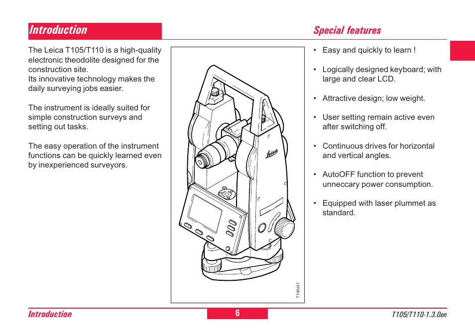 Introduction, Special features | Leica Geosystems T100 User Manual | Page 6 / 64