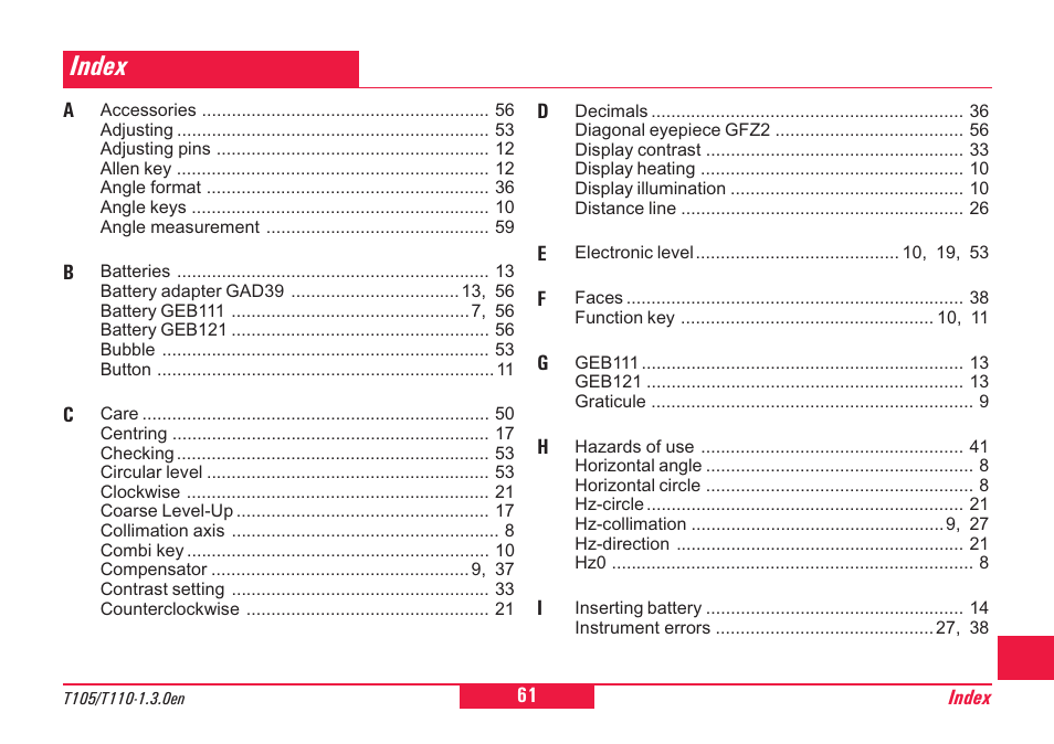 Index | Leica Geosystems T100 User Manual | Page 61 / 64