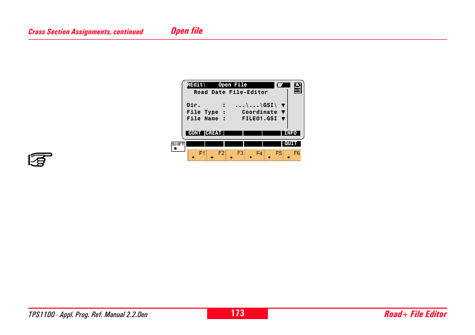 Open file, Road+ file editor | Leica Geosystems TPS1100 Professional Series - Reference Manual User Manual | Page 173 / 272