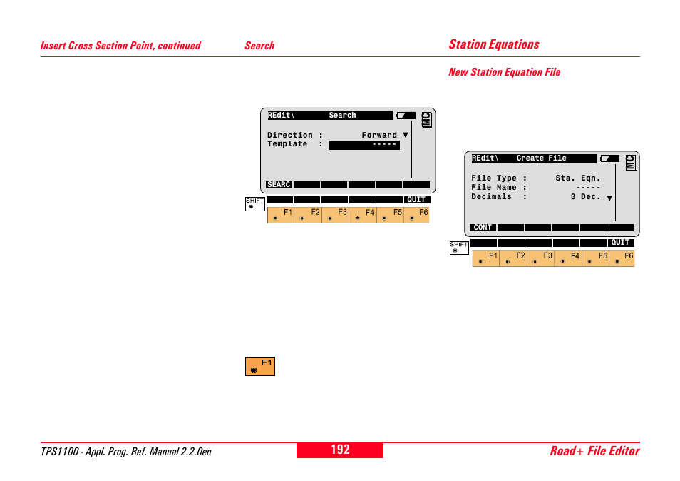 Search, Station equations, New station equation file | Road+ file editor station equations | Leica Geosystems TPS1100 Professional Series - Reference Manual User Manual | Page 192 / 272