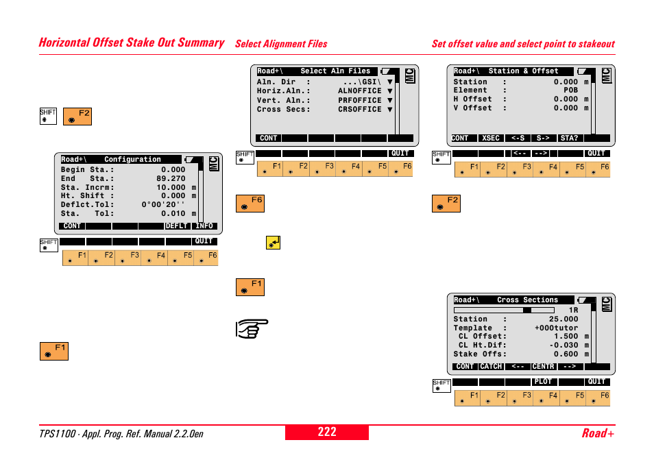 Horizontal offset stake out summary, Select alignment files, Set offset value and select point to stakeout | Road | Leica Geosystems TPS1100 Professional Series - Reference Manual User Manual | Page 222 / 272