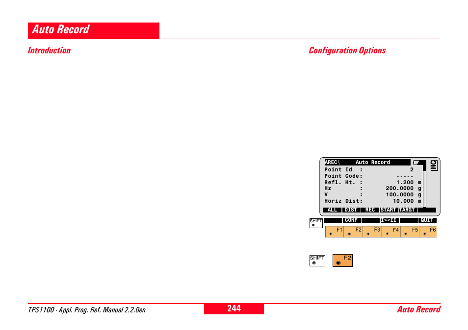 Auto record, Introduction, Configuration options | Introduction configuration options, Auto record introduction | Leica Geosystems TPS1100 Professional Series - Reference Manual User Manual | Page 244 / 272