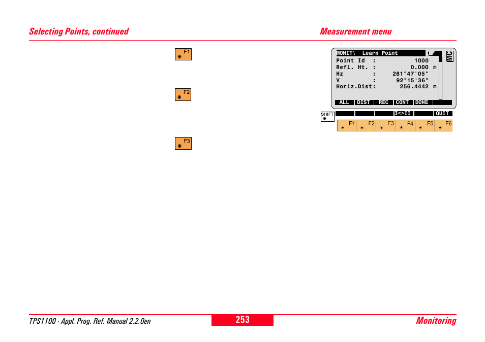 Measurement menu, Monitoring, Selecting points, continued | Leica Geosystems TPS1100 Professional Series - Reference Manual User Manual | Page 253 / 272