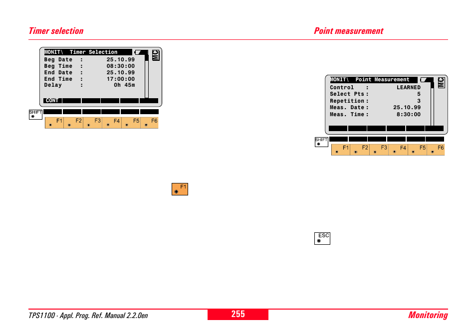 Timer selection, Point measurement, Timer selection point measurement | Monitoring timer selection | Leica Geosystems TPS1100 Professional Series - Reference Manual User Manual | Page 255 / 272