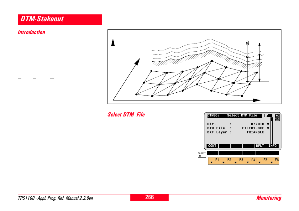 Dtm-stakeout, Introduction, Select dtm file | Introduction select dtm file, Monitoring | Leica Geosystems TPS1100 Professional Series - Reference Manual User Manual | Page 266 / 272