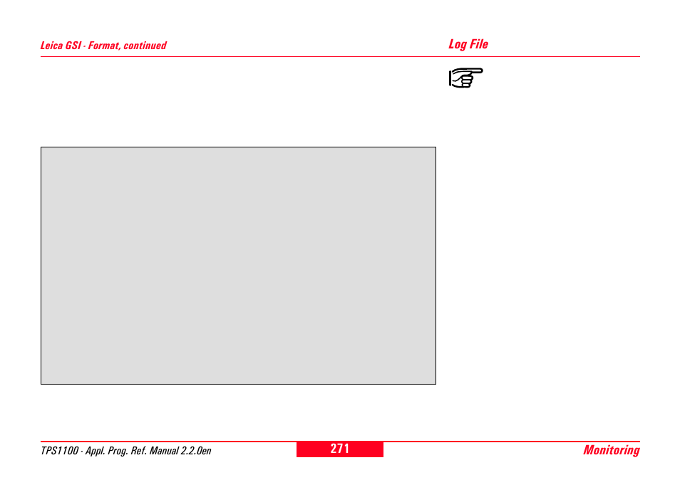 Log file, Monitoring | Leica Geosystems TPS1100 Professional Series - Reference Manual User Manual | Page 271 / 272