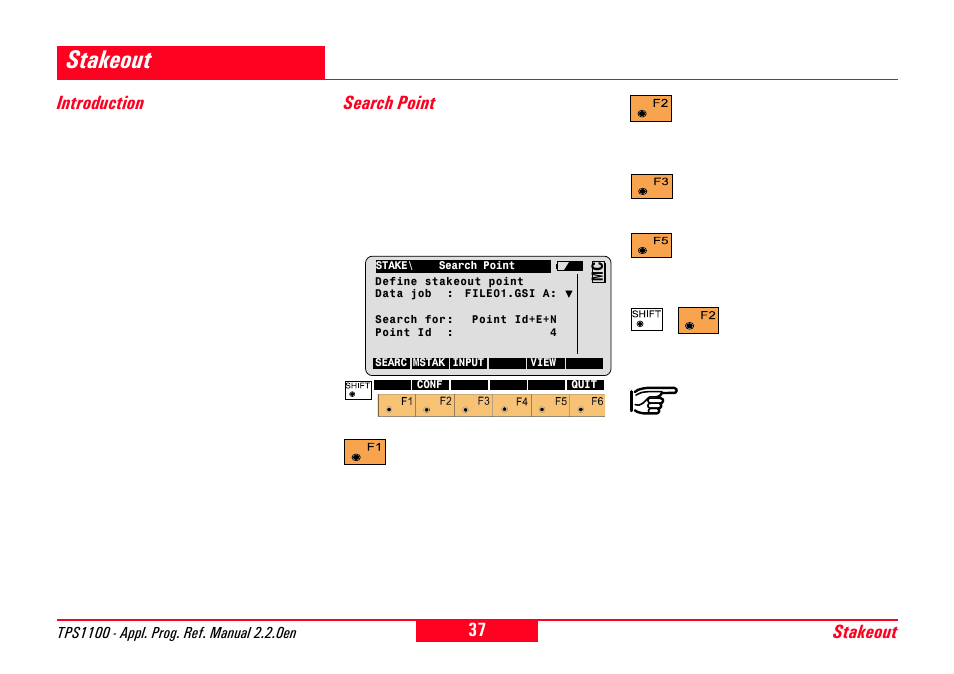 Stakeout, Introduction, Search point | Introduction search point, Stakeout introduction | Leica Geosystems TPS1100 Professional Series - Reference Manual User Manual | Page 37 / 272