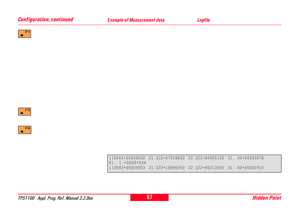 Example of measurement data, Logfile, Example of measurement data logfile | Leica Geosystems TPS1100 Professional Series - Reference Manual User Manual | Page 87 / 272