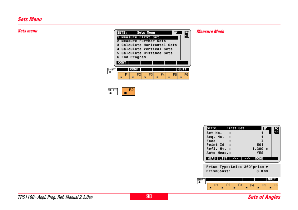 Sets menu, Measure mode, Sets menu measure mode | Sets of angles sets menu | Leica Geosystems TPS1100 Professional Series - Reference Manual User Manual | Page 98 / 272