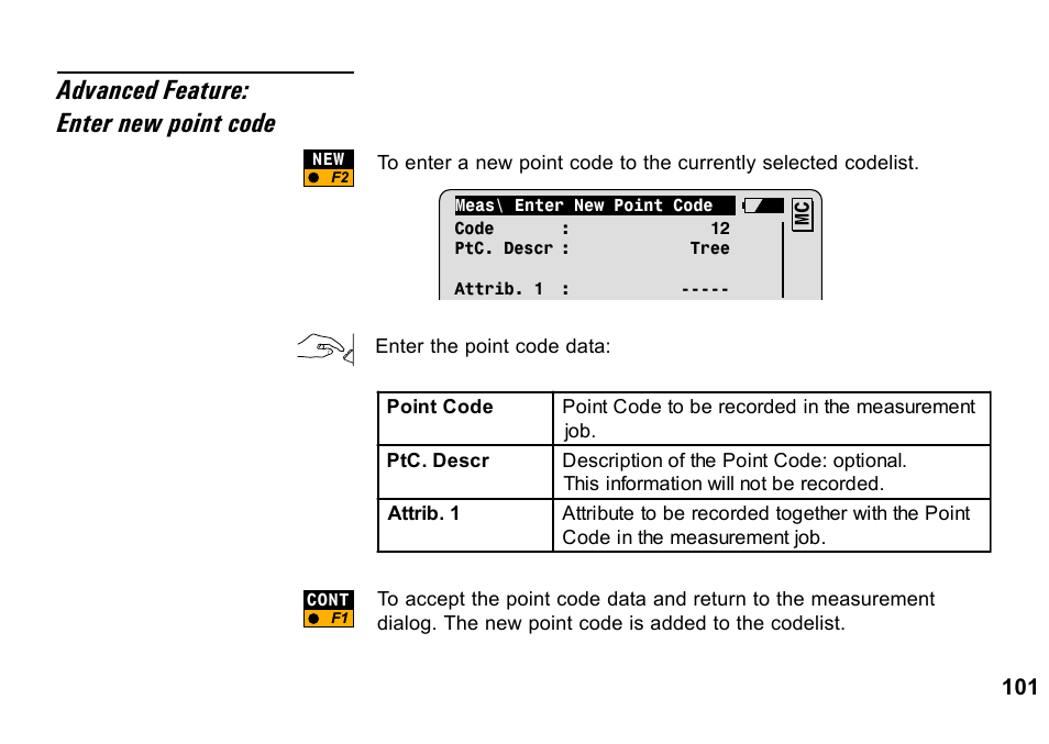 Advanced feature: enter new point code | Leica Geosystems TPS1100 Professional Series - System Field Manual User Manual | Page 101 / 106