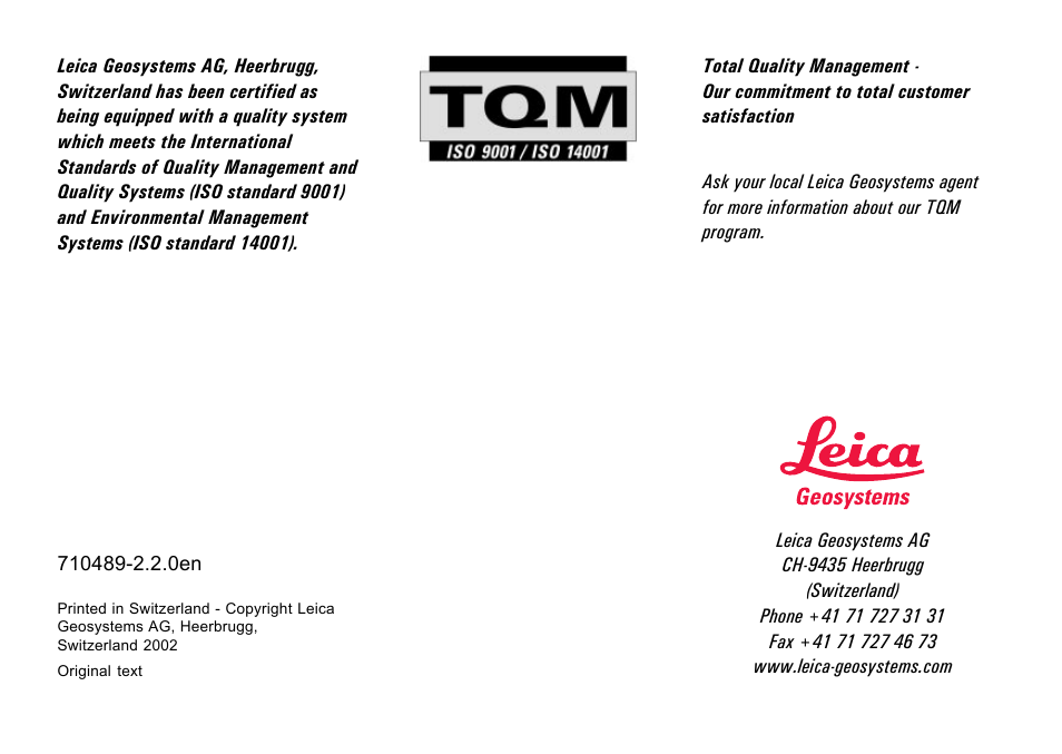 Leica Geosystems TPS1100 Professional Series - System Field Manual User Manual | Page 106 / 106