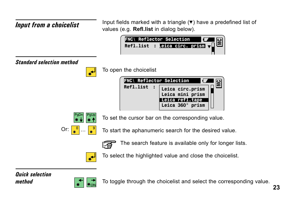 Input from a choicelist | Leica Geosystems TPS1100 Professional Series - System Field Manual User Manual | Page 23 / 106