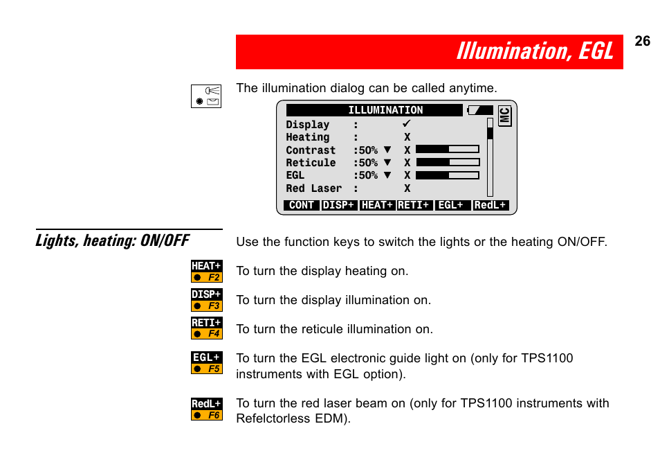 Illumination, egl, Lights, heating: on/off | Leica Geosystems TPS1100 Professional Series - System Field Manual User Manual | Page 26 / 106