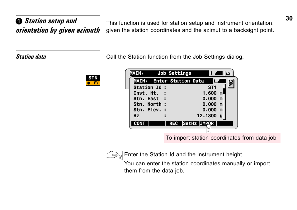 Station setup and orientation by given azimuth, Station data | Leica Geosystems TPS1100 Professional Series - System Field Manual User Manual | Page 30 / 106