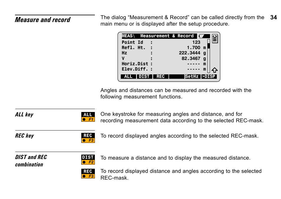 Measure and record, All key rec key dist and rec combination | Leica Geosystems TPS1100 Professional Series - System Field Manual User Manual | Page 34 / 106