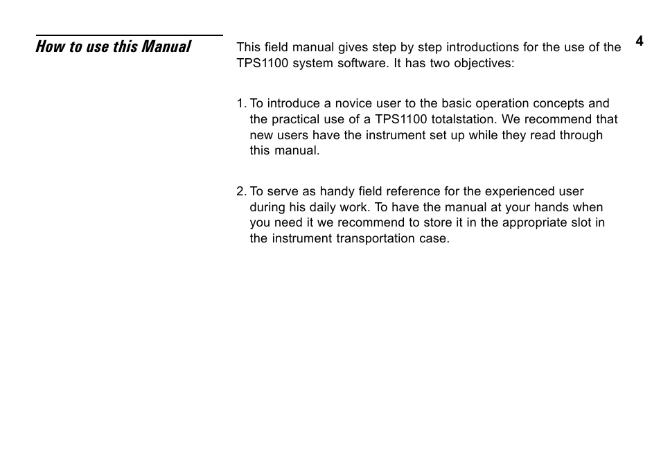 How to use this manual | Leica Geosystems TPS1100 Professional Series - System Field Manual User Manual | Page 4 / 106