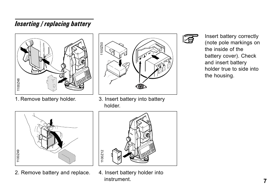 Inserting / replacing battery | Leica Geosystems TPS1100 Professional Series - System Field Manual User Manual | Page 7 / 106