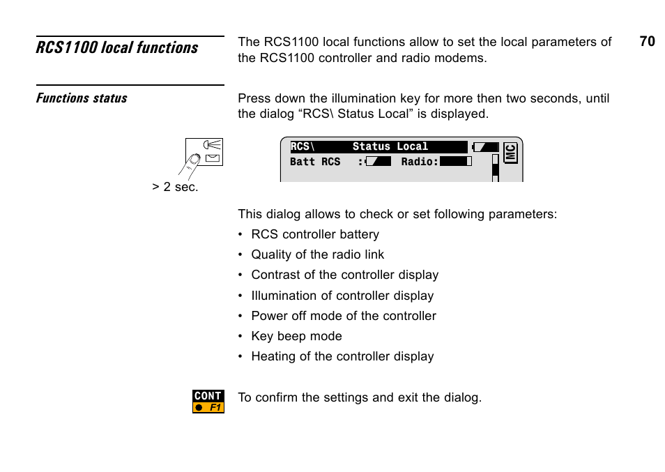 Main menu functions, Rcs1100 local functions | Leica Geosystems TPS1100 Professional Series - System Field Manual User Manual | Page 70 / 106