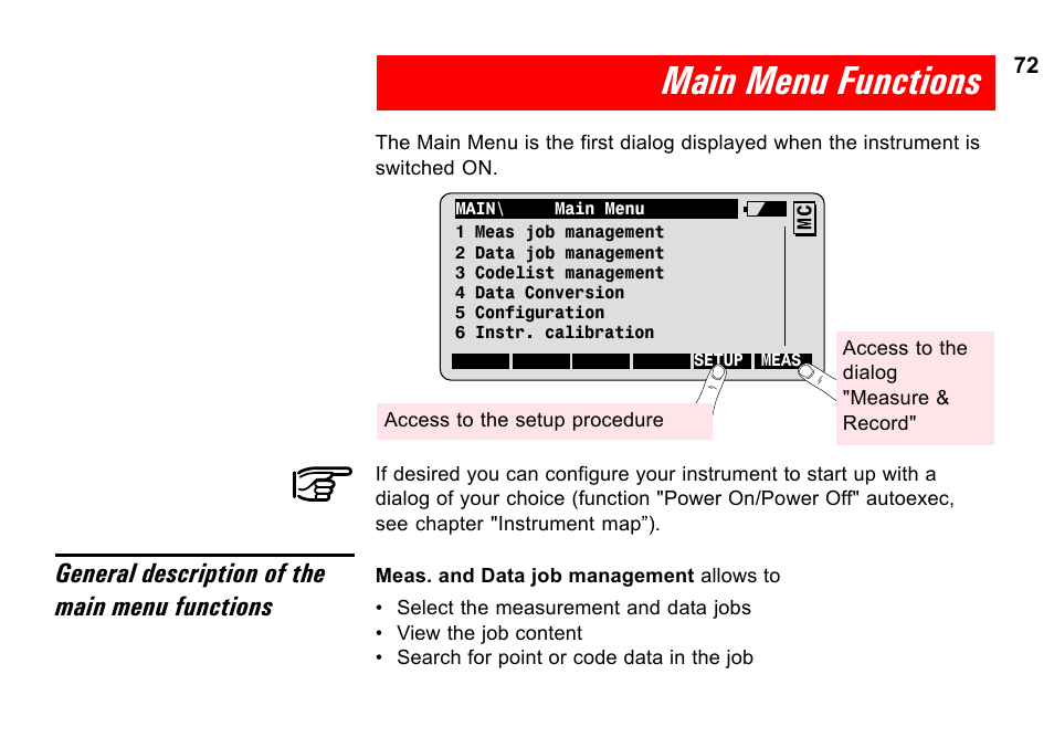 Main menu functions, General description of the main menu functions | Leica Geosystems TPS1100 Professional Series - System Field Manual User Manual | Page 72 / 106