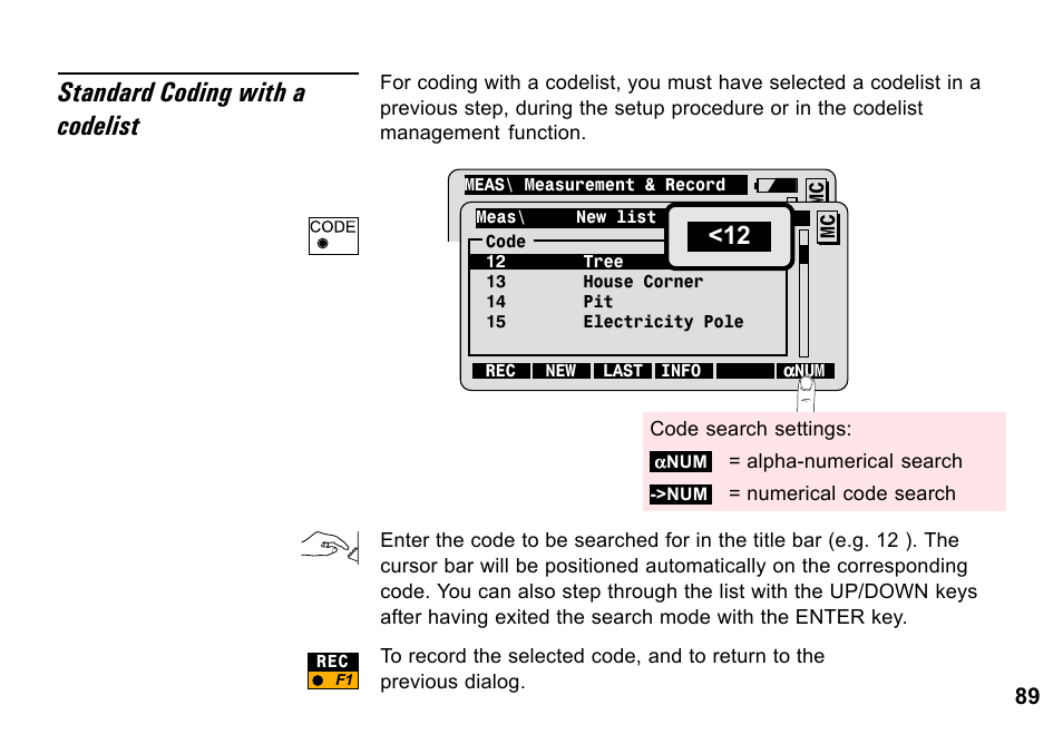 Standard coding with a codelist | Leica Geosystems TPS1100 Professional Series - System Field Manual User Manual | Page 89 / 106