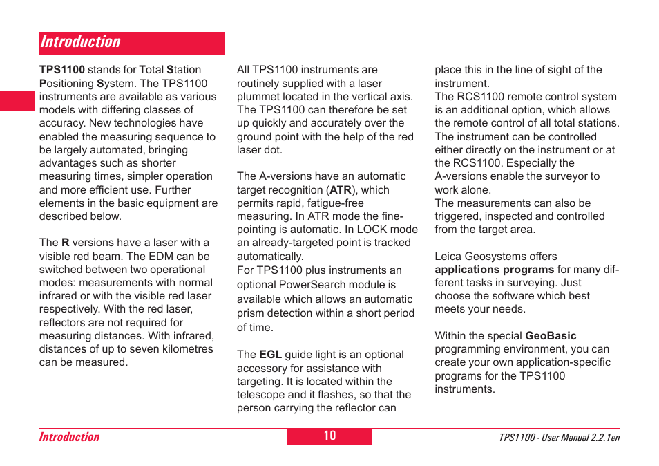 Introduction | Leica Geosystems TPS1100 Professional Series - User Manual User Manual | Page 10 / 160