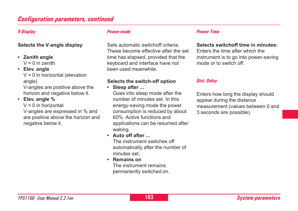 Configuration parameters, continued | Leica Geosystems TPS1100 Professional Series - User Manual User Manual | Page 103 / 160