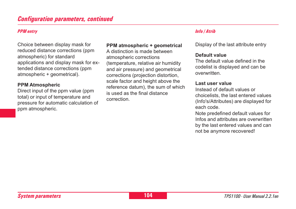 Configuration parameters, continued | Leica Geosystems TPS1100 Professional Series - User Manual User Manual | Page 104 / 160