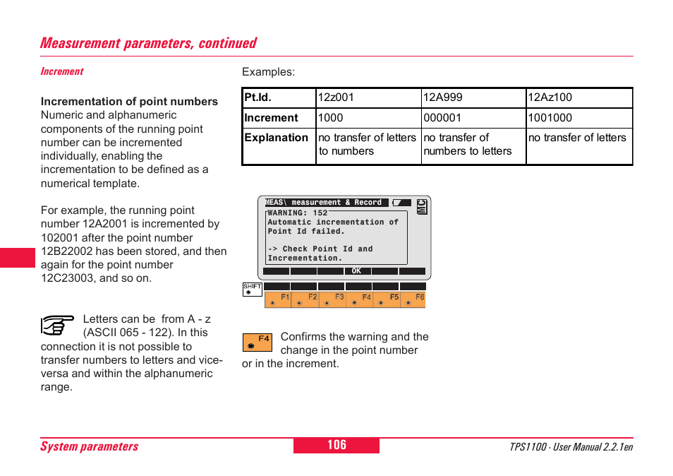Measurement parameters, continued, 106 system parameters | Leica Geosystems TPS1100 Professional Series - User Manual User Manual | Page 106 / 160