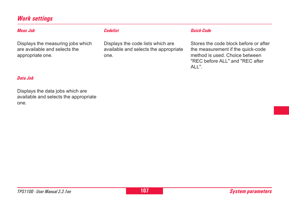 Work settings | Leica Geosystems TPS1100 Professional Series - User Manual User Manual | Page 107 / 160